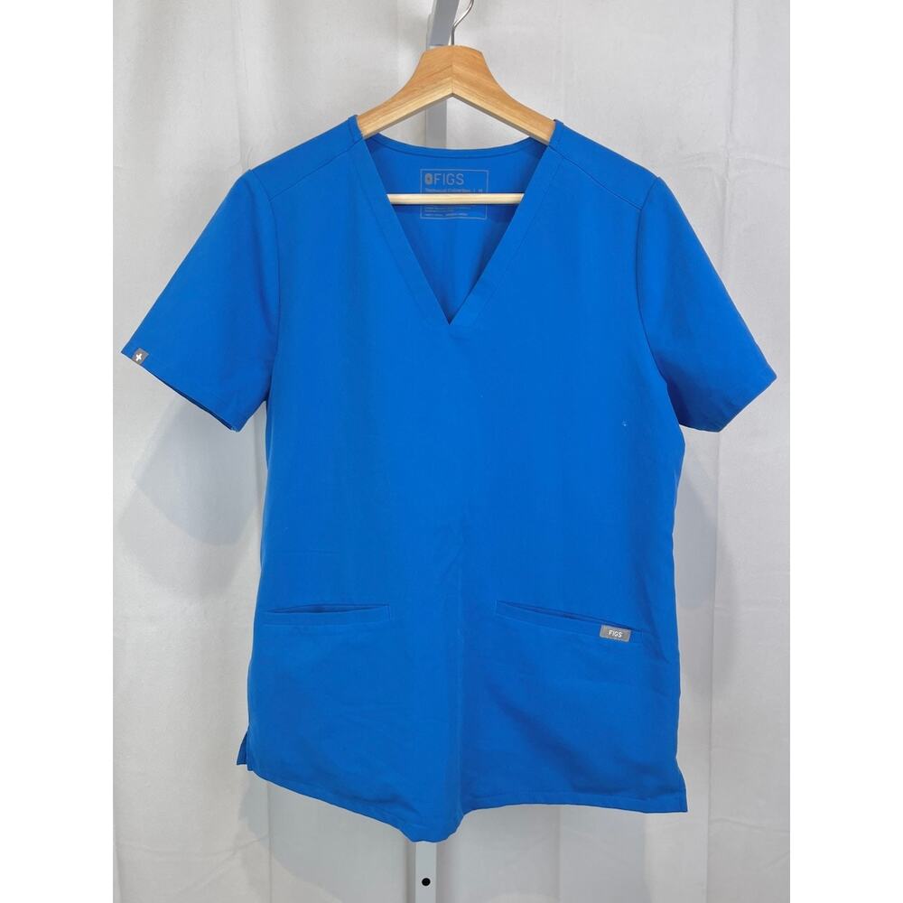 FIGS Casma Three Pocket Scrub Top FW1100 Short Sleeve V-Neck Logo Blue Size M